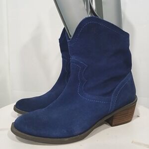 Naughty Monkey Blue Genuine Suede Havoc Ankle Boots Pull On Block Heel 7 Western